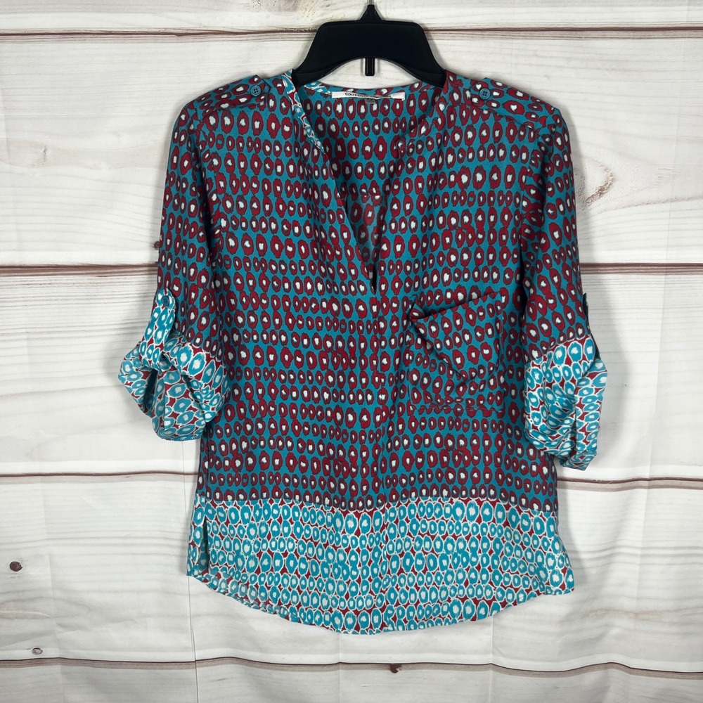 Collective Concepts Blouse Womens XS Blue Red Geometric Roll Tab V-Neck Top